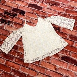 Skies Are Blue Lace Cold Shoulder Top Cream